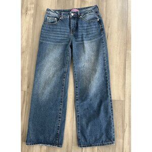 Edikted Women's Medium Wide-Leg Blue Denim Jeans Button Zip 30" x29.5" Baggy